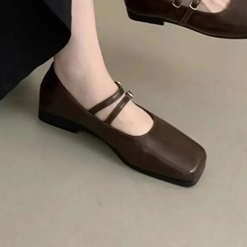 Shoes for Women 2024 Fashion One-word Buckle Womens Flats Spring Square Toe Solid Shallow Mouth Dress Daily Mary Jane Shoes 250206