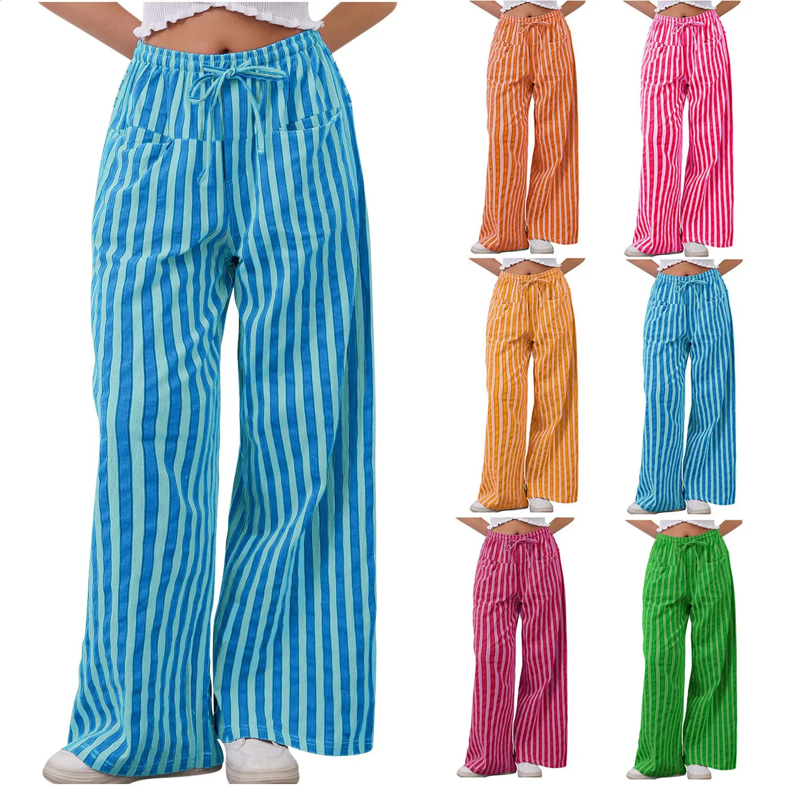 Striped Print Pants Vertical Wide Leg With Drawstring Pockets For Women Streetwear Trousers A Stylish Look 250206