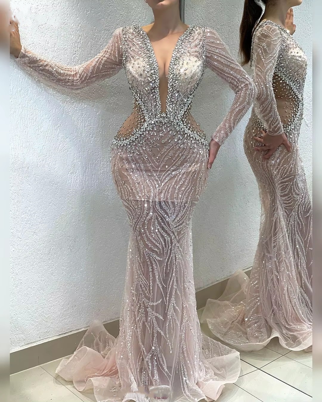 Gorgeous Mermaid Bridal Gowns Crystal Sequins Wedding Dress Beaded Custom Made Princess See Through Long Sleeves Sweep Train Bride Dresses Vestido de 