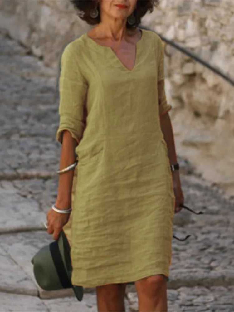 2024 Cotton Dress Womens V-Neck Half Sve Solid Loose Dresses Fe Summer Fashion Office Casual Ladies Clothes WholesaleXJ2500207