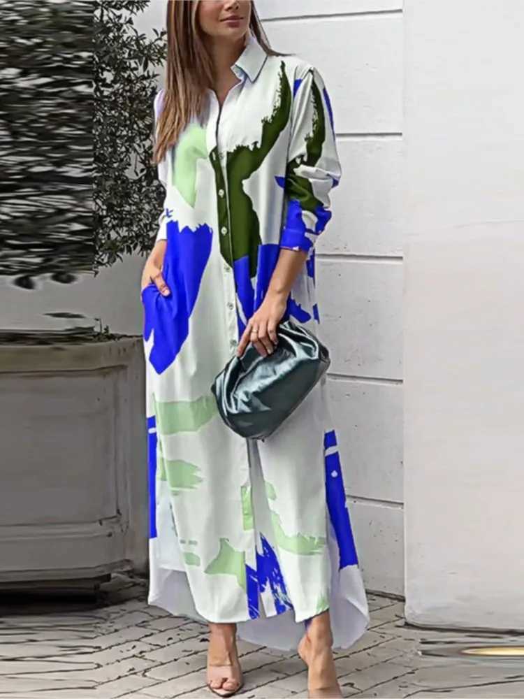 Womens Clothing 2024 Spring Fashion Print Sexy Slit Long Single Breasted Shirt Casual Comfortable With Pocket Irregular DressXJ2500207