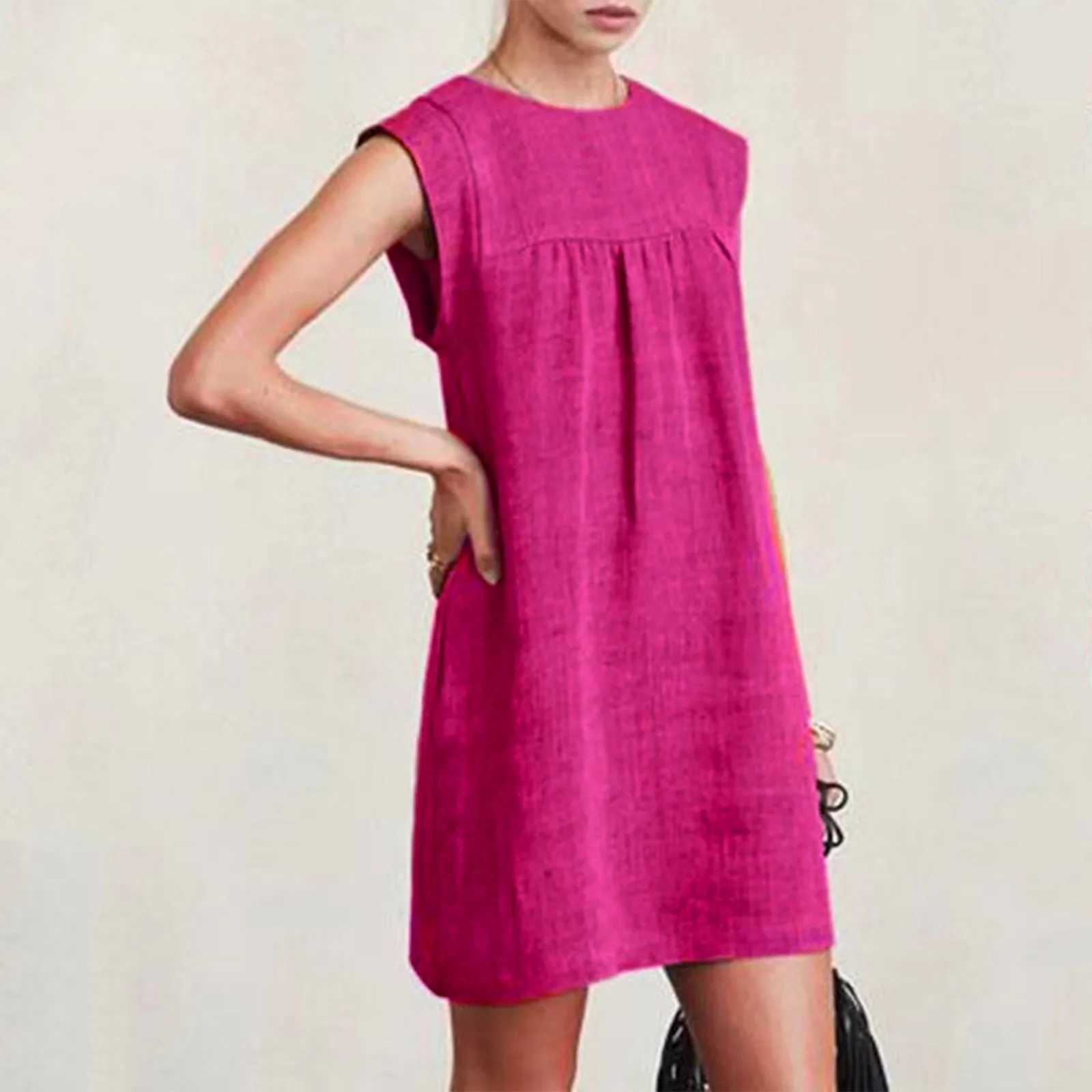 Summer Holiday Dress For Women Casual O Neck Sveless Solid Color Cotton Linen Folds Sundress Loose Vacation Beach Short DressXJ2500207