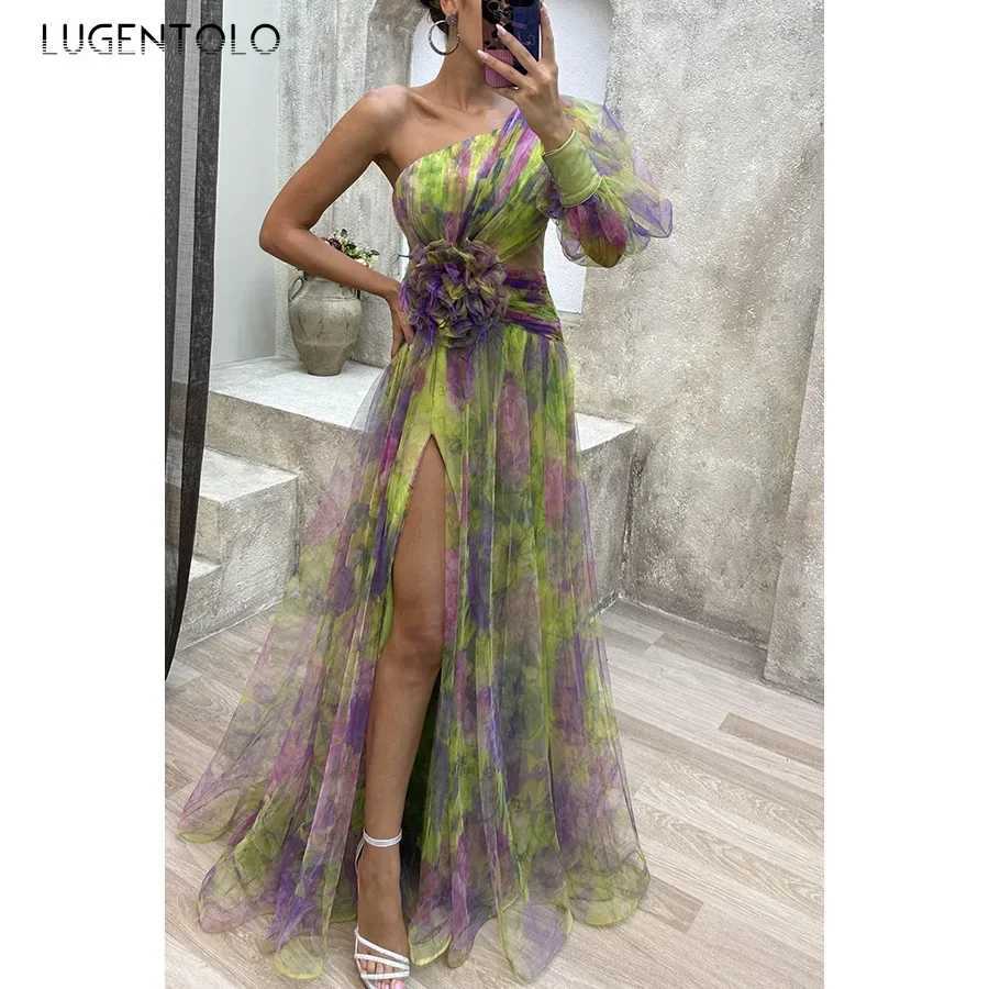 Womens Sexy Party Dress Mesh Cut-outs Waist Split End Slanted Shoulders Big Swing Fashion Slveless Slim Floral Print On Cloth X250207