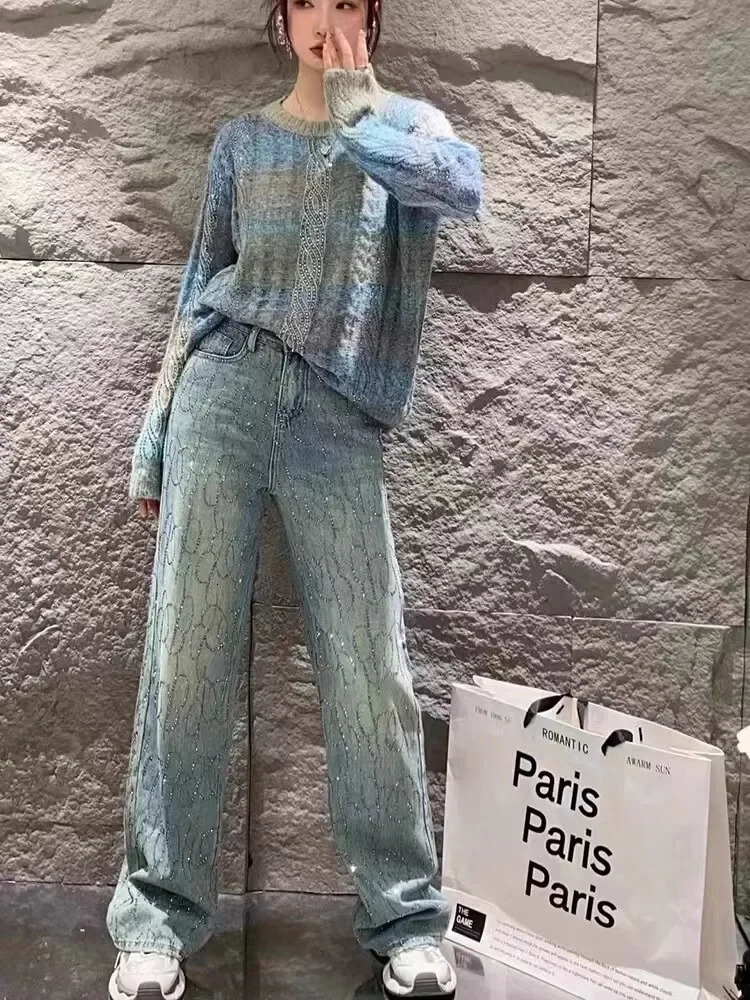Women Diamond Jeans Shiny High Waist Loose Wide Leg Denim Pants Blue Rhinestone Mopping Pants Streetwear Fashion Trousers 250122