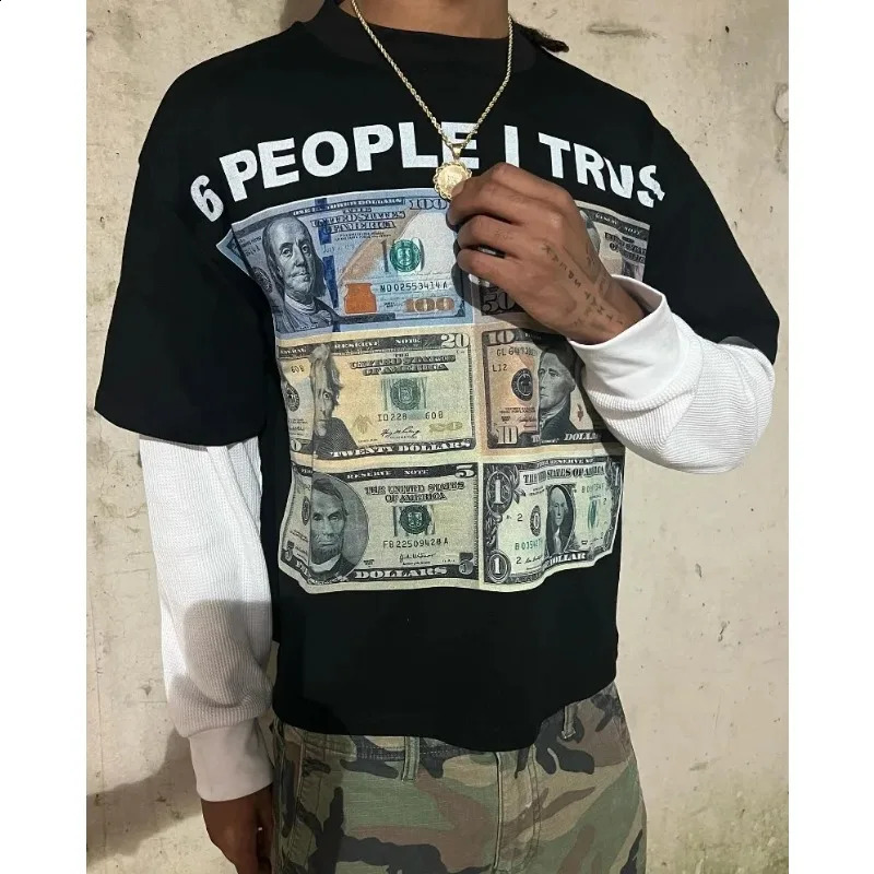 Y2K Fashion Long sleeved T shirt Hip Hop Dollar Printing Round Neck Oversized T shirt Men Women Casual Retro Tops Streetwear 250110