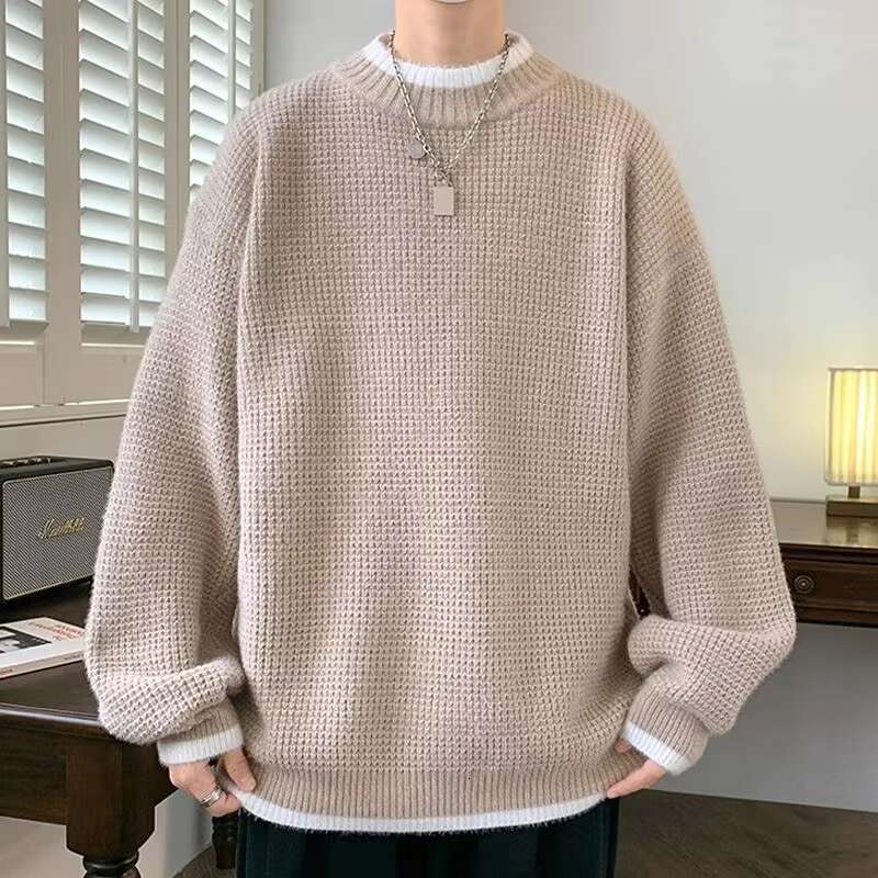 Autumn Winter New Fashion Round Neck Long Sleeve Solid Color Fake Two Pieces Pullovers Men's Clothing Trend Knitting Chic Tops