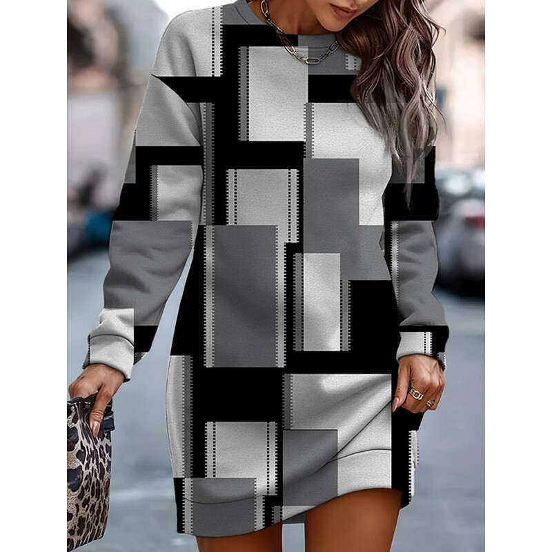 Autumn winter European and American women's hot selg printed contrasting round neck hoodie dress 2024 temperament versatile new trendy clothing i
