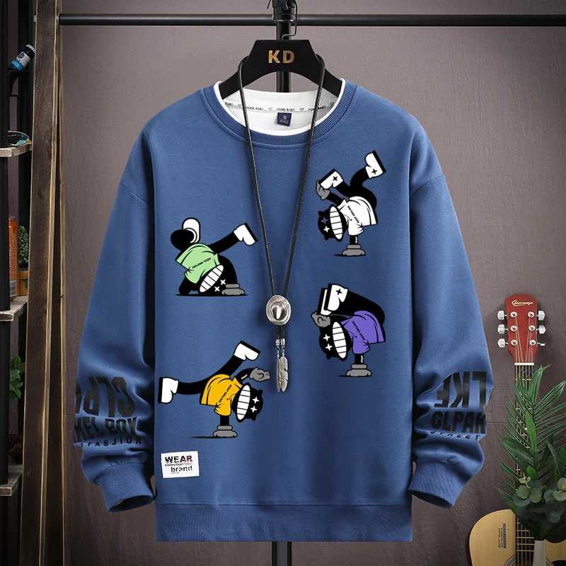 S-5XL Mens Hip Hop Sweatshirts Casual O Neck Harajuku Khaki Top Trendy Cartoon Printed Long Sleeve T-shirt Fashion Mens Clothing W250207