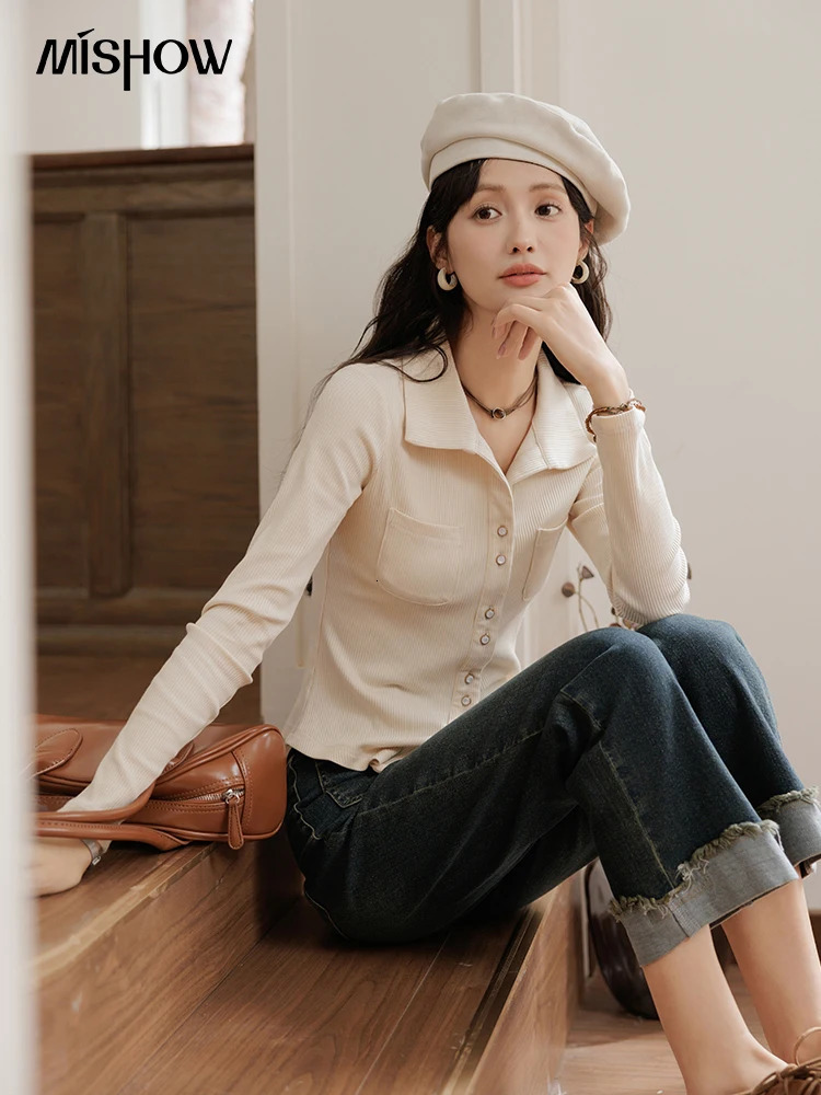 MISHOW Polo Collar Knitted Long Sleeves T-shirt for Autumn 2024 Elastic Slim Top Single Breasted Metal Button Tees MXD44T0397 250207