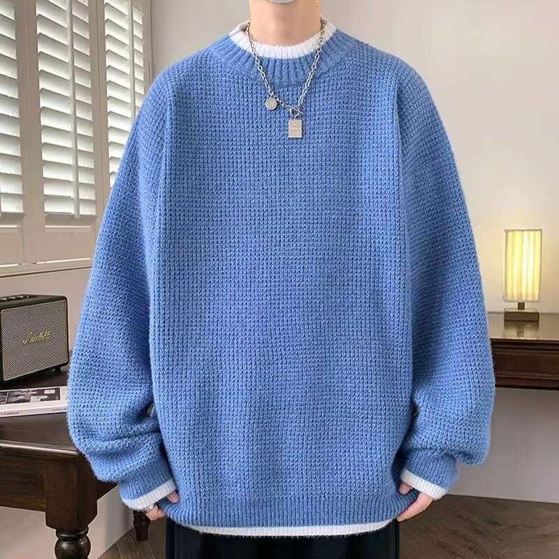 Autumn Winter New Fashion Round Neck Long Sleeve Solid Color Fake Two Pieces Pullovers Men's Clothing Trend Knitting Chic Tops
