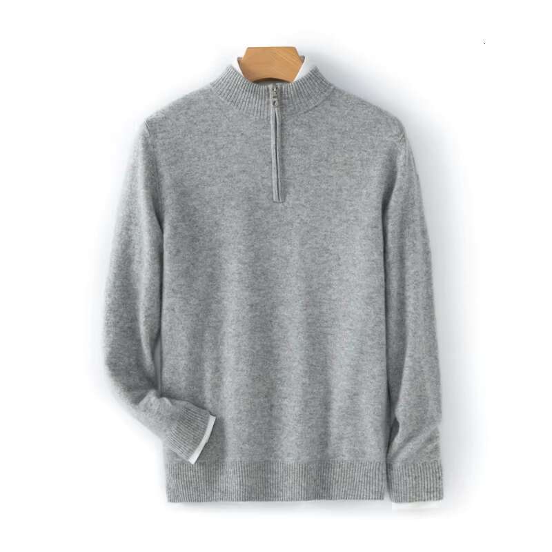 Men's Winter Medium Thick High Collar Half Zipper Classic Loose Sweater 100% Cashmere Knitted Top