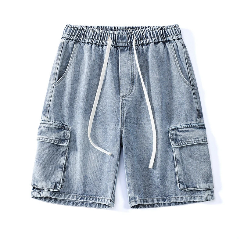 Summer Cargo Jeans Men Pockets Denim Shorts Elastic Waist Loose Straight High Street Wide Kneelength Short Pants 250207