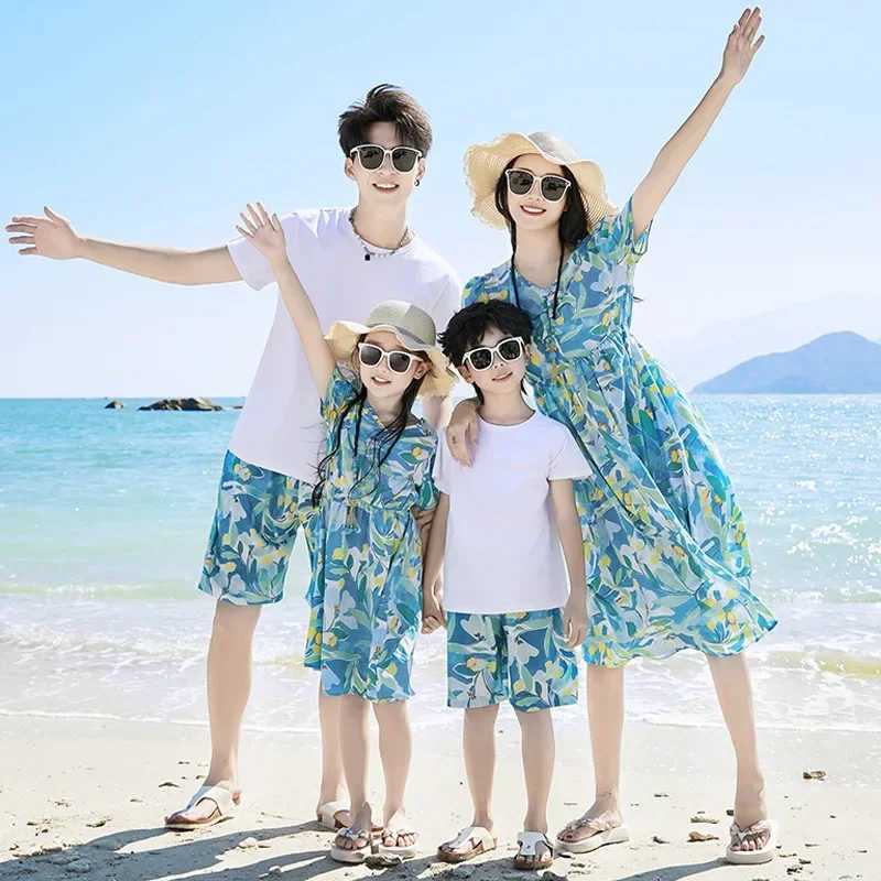 Parent-child Matching Beach Couple Daughter Same Dress Father Son Shirts SetClothes Summer Vacation Look Family Clothing Mother W250207