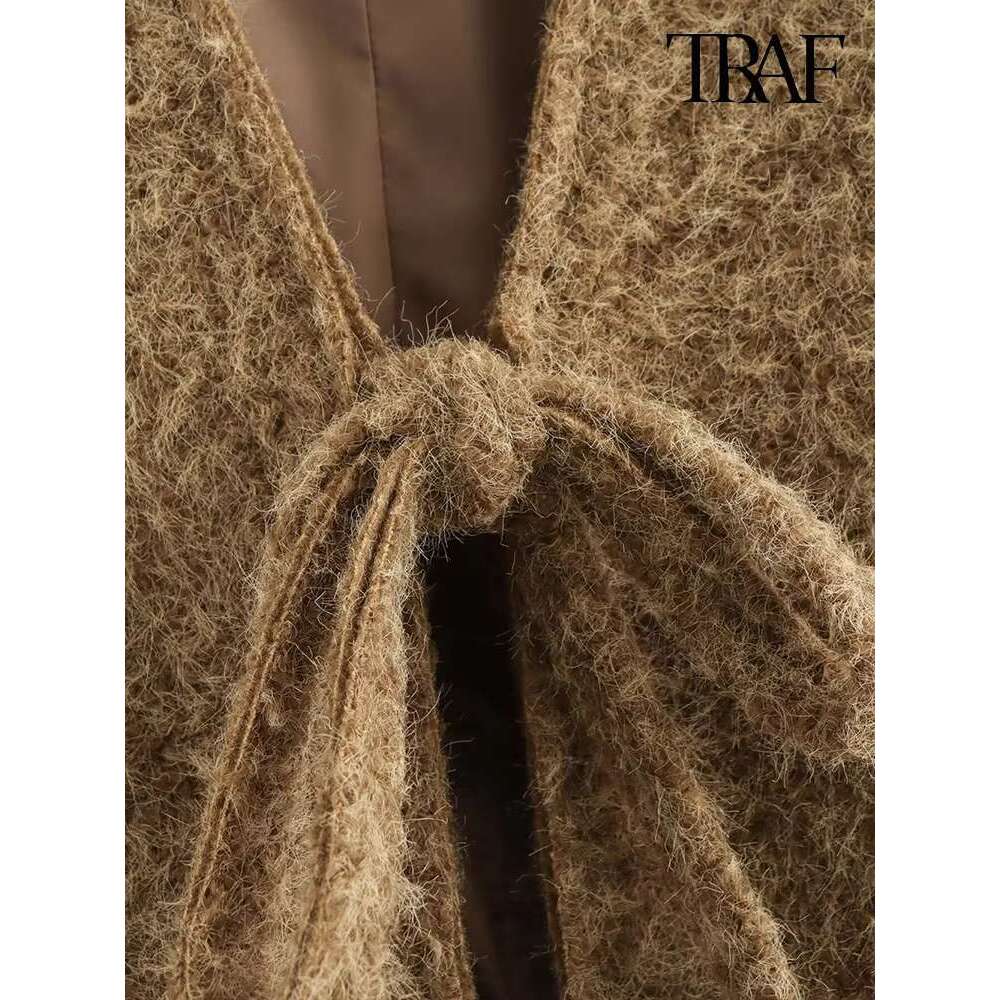 Bow Tie Design Solid Colour Fashion Retro V-Neck Small Cardigan Woolen Jacket Elegant Women's Clothing