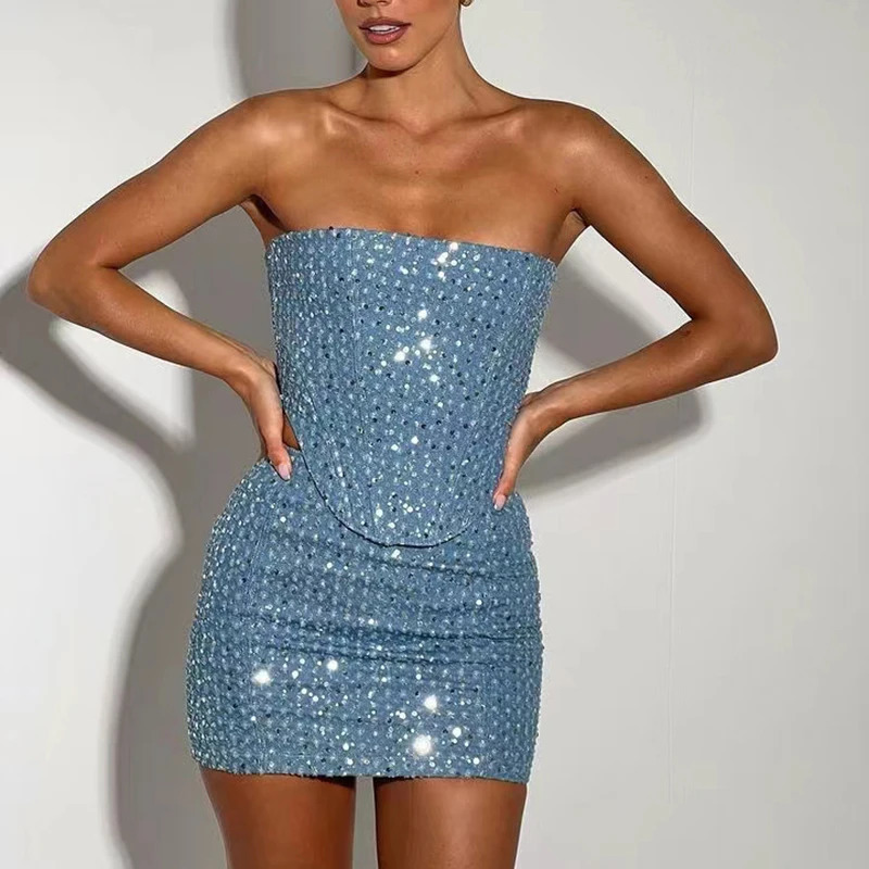 Sexy Ladies Strapless Top and Mini Skirt Suit Fashion Club Party Solid Sequin Outfit Casual Off Shoulder Slim Two Piece Set 250206