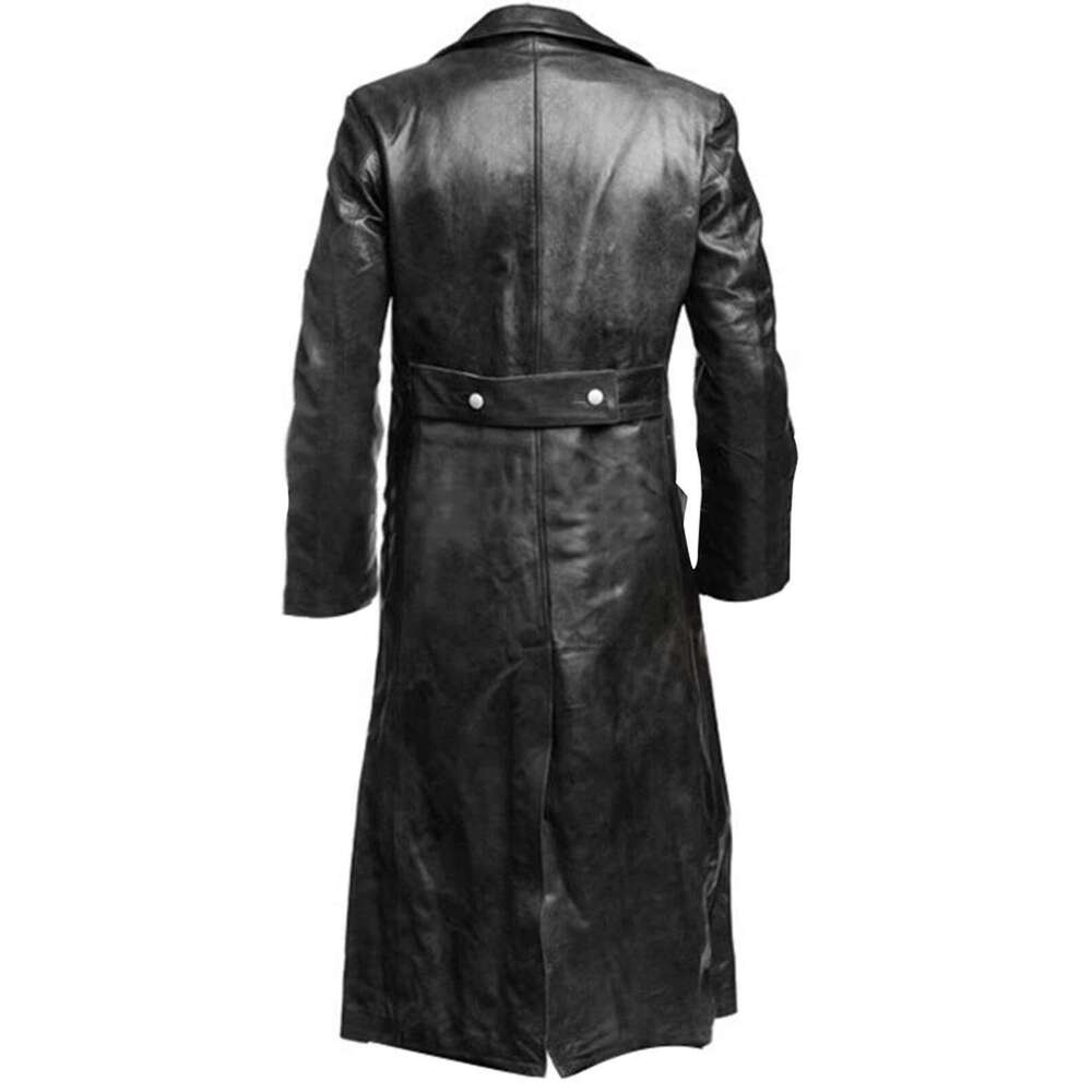 Men's Leather Jacket PU Men's Classic German WWII Military Uniform Officer Black Leather Trench Coat