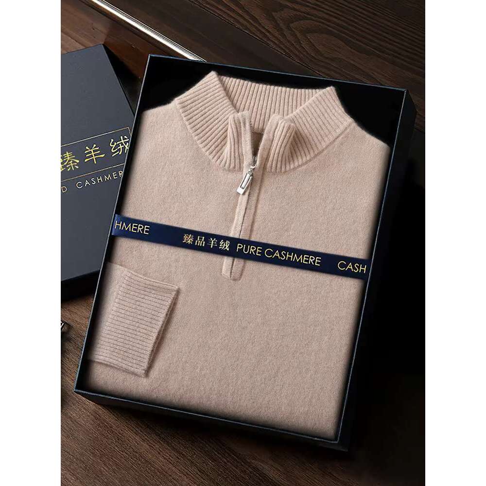 Autumn Winter Men's Basic Zipper Pullover 100% Cashmere Sweater High Quality Base Mock Neck Knitwear Smart Casual Soft Warm Top