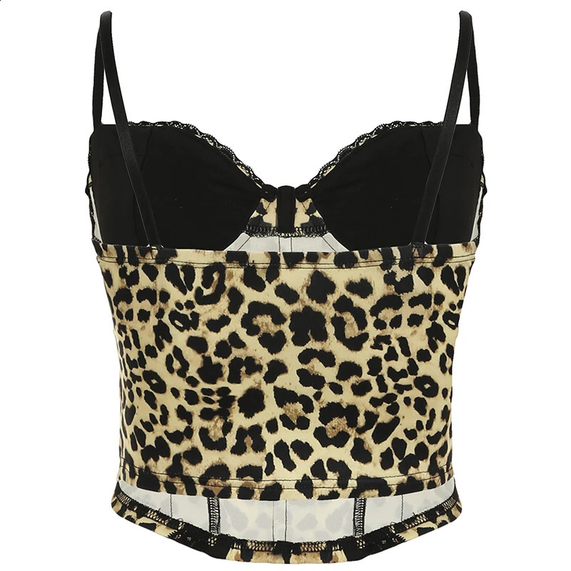 IAMTY Leopard Print Corset Womens Contrast Color Lace Patchwork Crop Tops Coquette Aesthetic Skinny Camisole Vintage Vest 250116