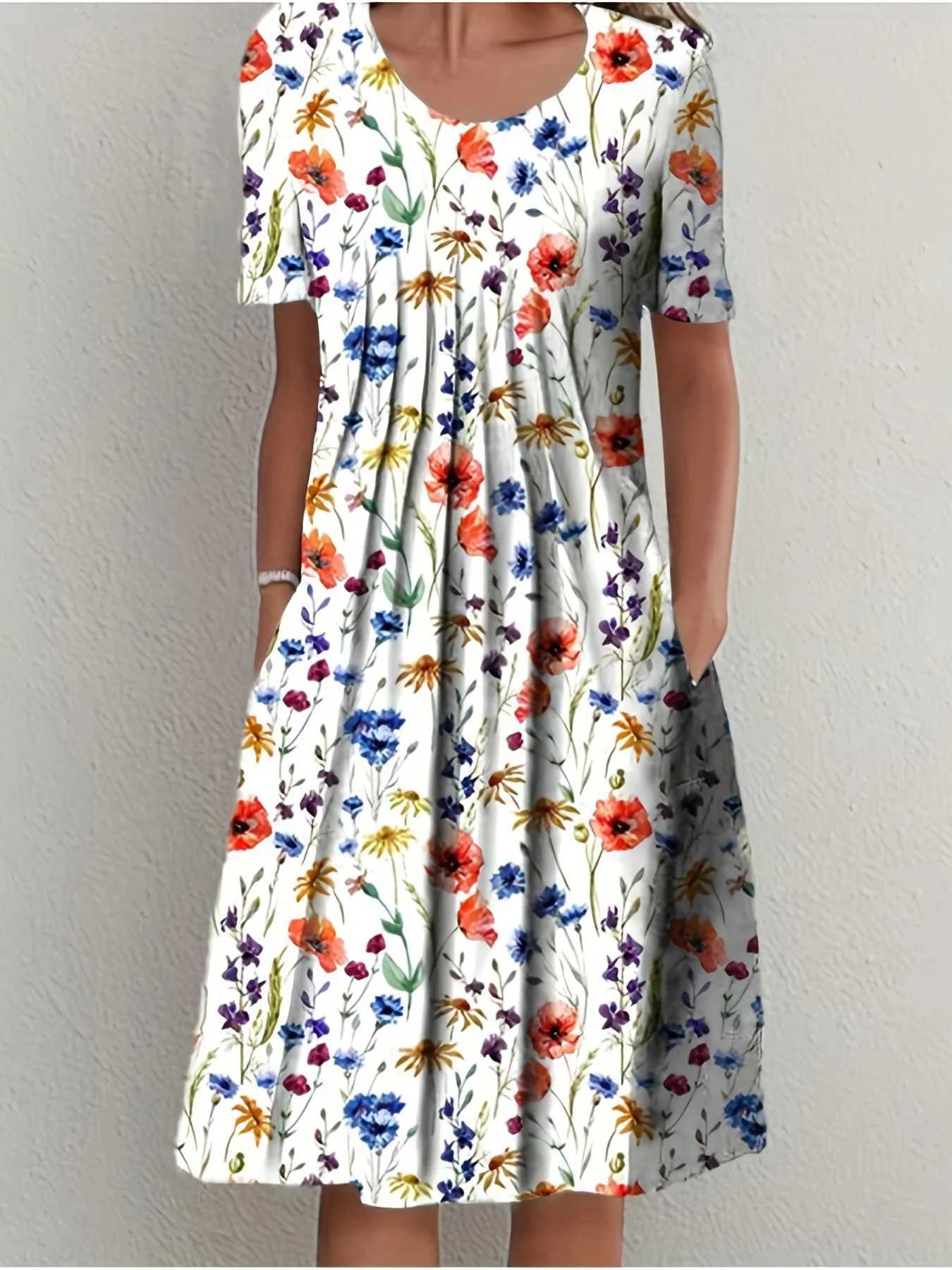 Spring And Summer Womens Ele Large Skirt Round Neck Printed Short-sved DressXJ2500207