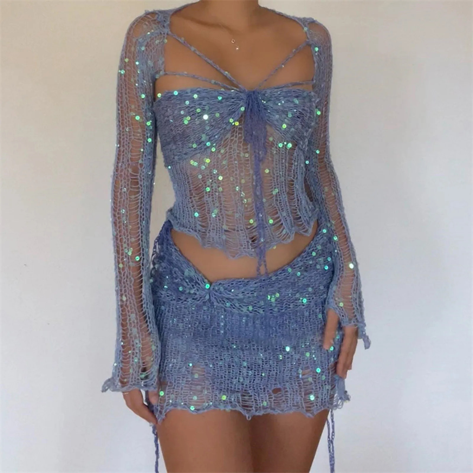 Womens Glitter Sequins Knitted Skirt Sets Sexy 3 Piece Outfit Vacation Festival Clothing See Through Top and Mini Skirts Set 250206