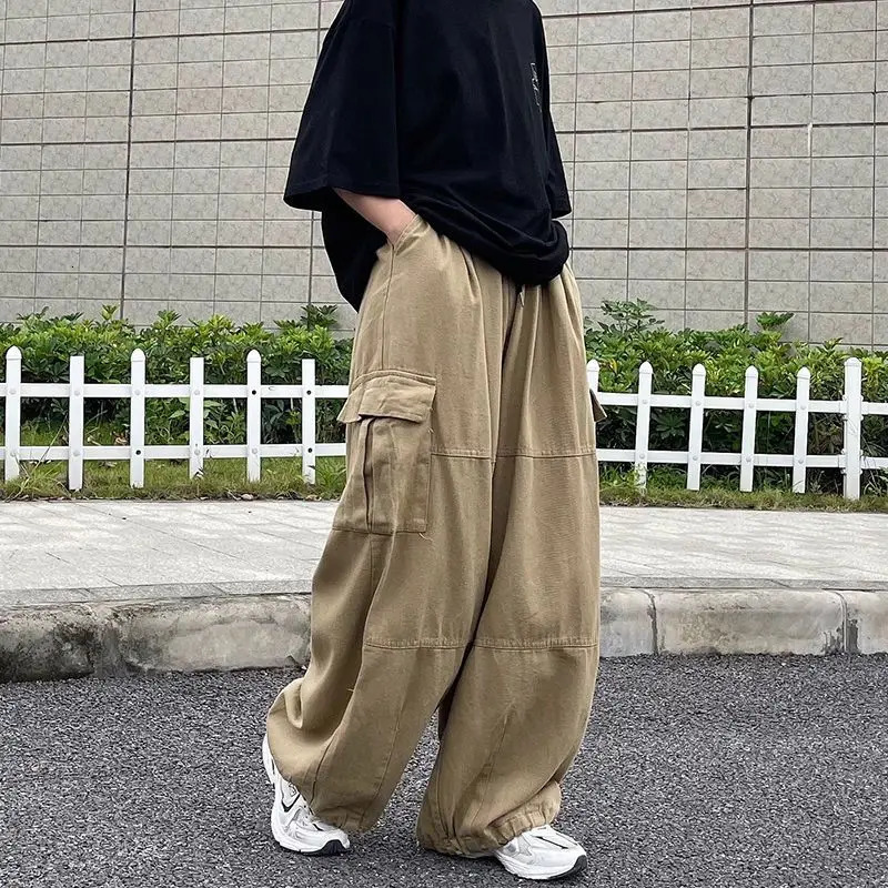 Loose Fashionable Mens Clothing Elastic Pockets Spring Autumn Trousers Cargo Wide Leg Solid Color High Waisted Cropped Pants 250206