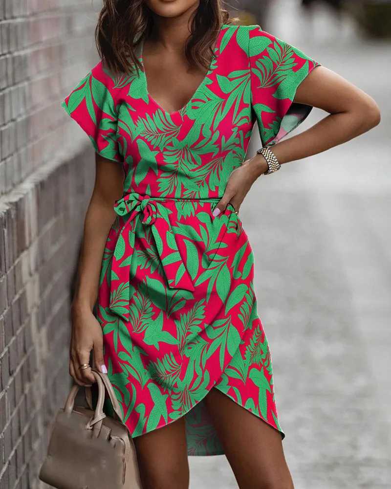 Fashion Print Woman Dress Summer Casual Short Sve Lace Up Ele Beach Party Mini Dresses For Women Robe Femme New 2024XJ2500207
