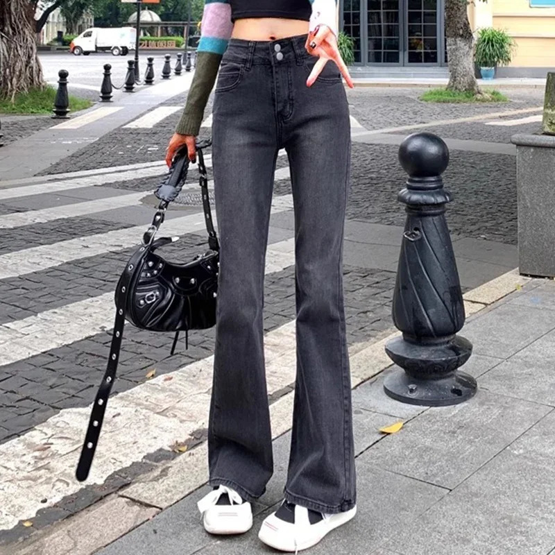 Woman High Waist American Vintage Bell Bottom Jeans Female Elastic Flare Pants Girls Fashion Streetwear Gray Denim Trousers 250206