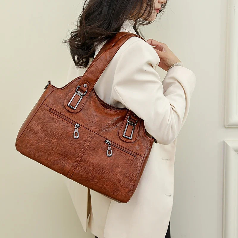 PU Top-Handle Zipper Women's On Sale 2024 High Quality Solid Shoulder Bags Sewing Thread Saddle Handbag Bolso PU Cartoon