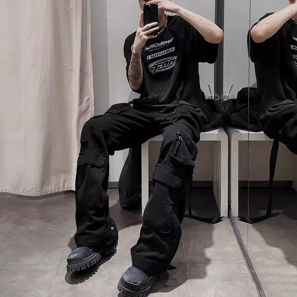 Y2k Multi-pockets Straight Baggy Cargo Pants for Men Pantalones Hombre Black Overalls Streetwear Loose Casual Trousers Oversized 250206