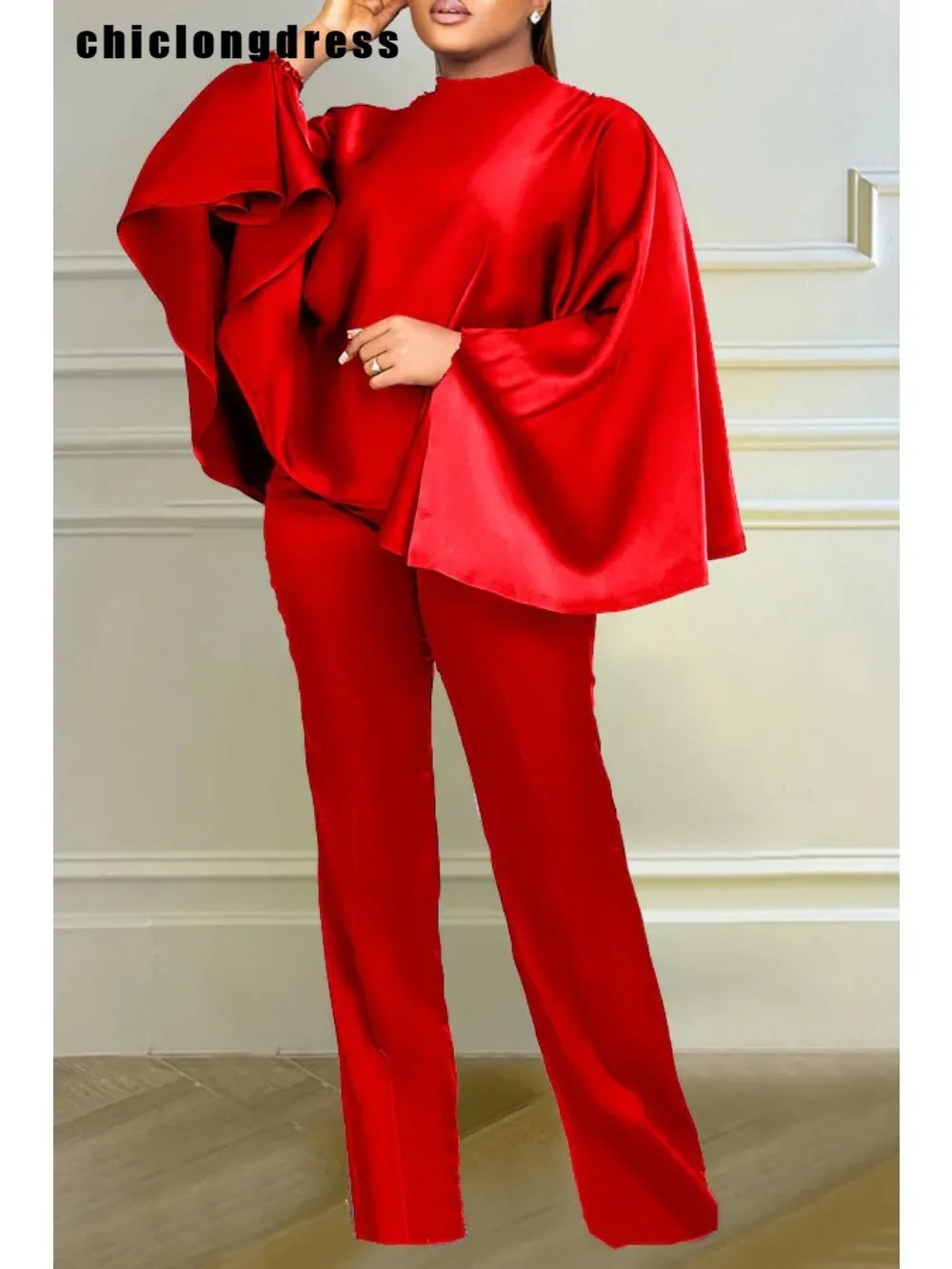 Winter Fashion Satin Two Piece Set African Women Elegant Solid Loose Batwing Sleeves Top Wide Leg Pants 250206