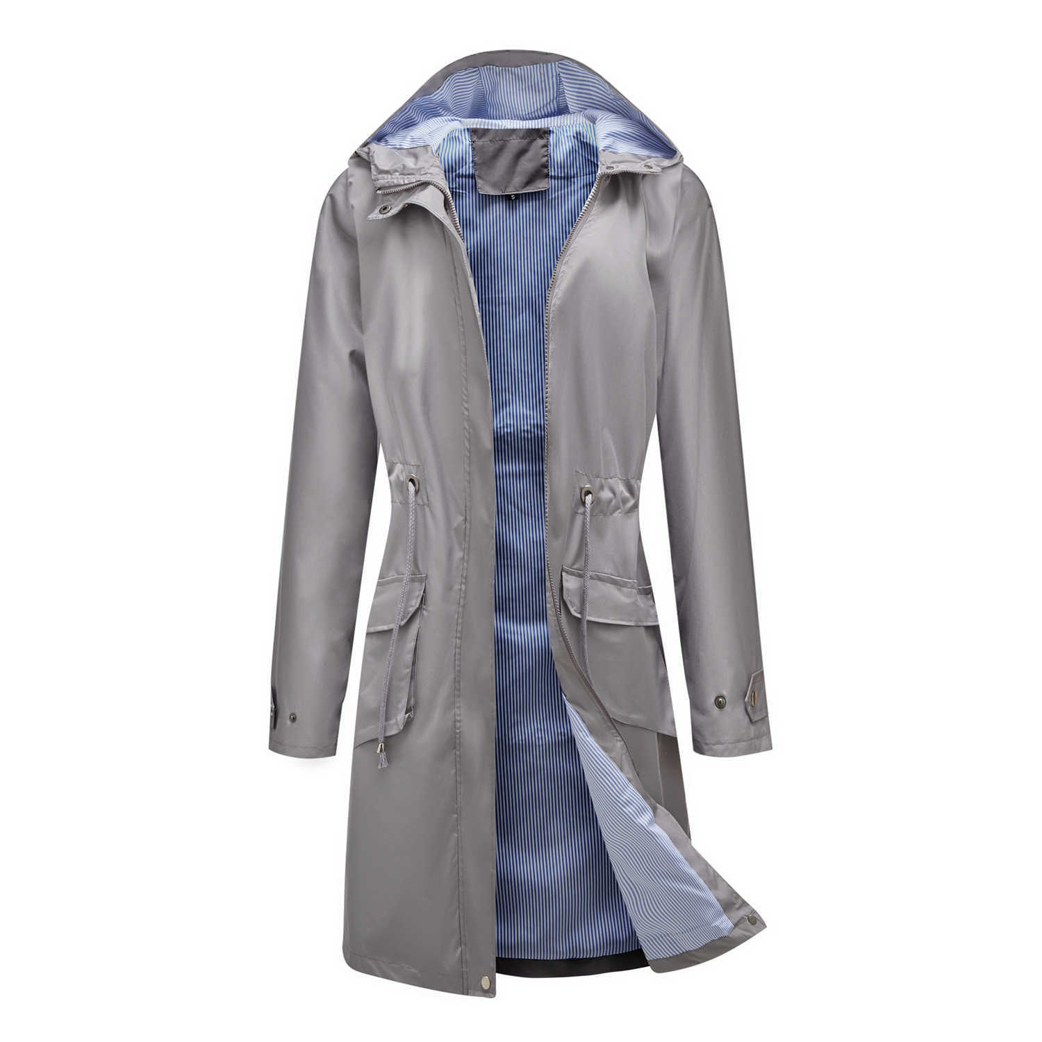 European Spring Autumn Long Casual Windbreaker WoMens Splash-proof Hooded Solid Color Striped Lining Straight Jacket Womens Long Trench Coat Womens Ja