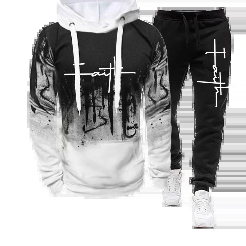 Fashion Faith Print autumn mens casual track suit sports shirt and pants twopiece set Plus size customization 250207