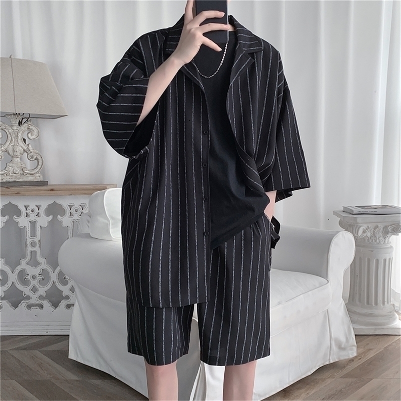 Korean Style Mens Tracksuit Jacket and Shorts 2 Pcs Set Summer Stripe Male Sports Suit Oversized Clothing Lightweight 5XL y250110