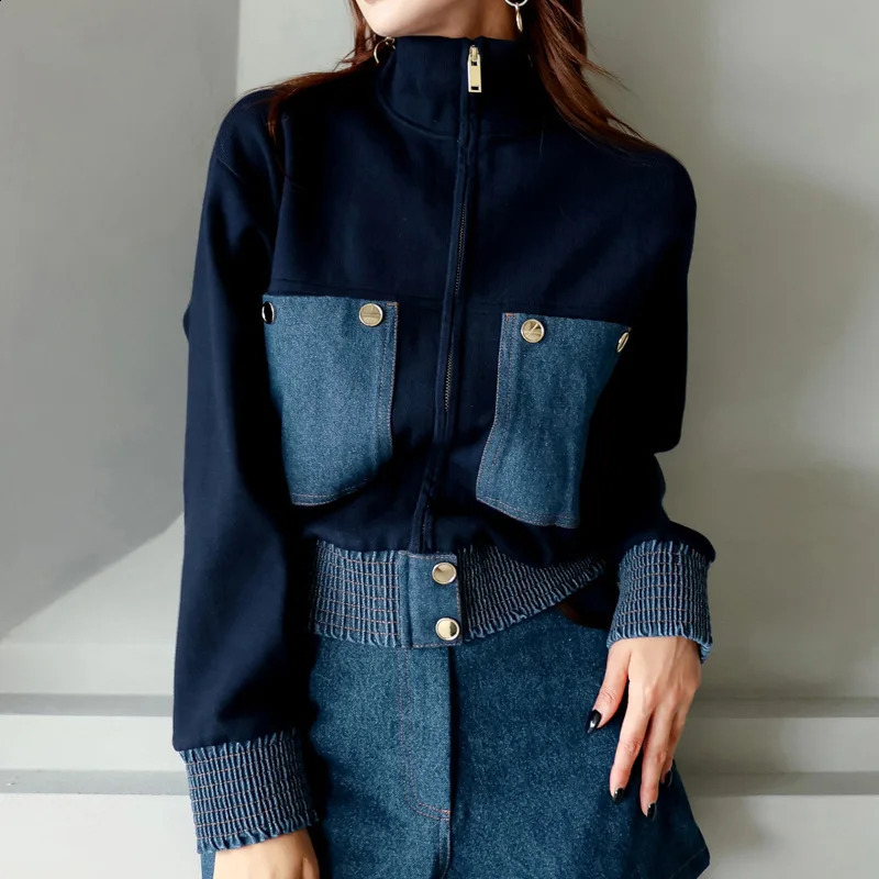 French Patchwork Pocket Denim Women Coat Elegant High Quality Zip-up Lapel Jacket Vintage Fashion Knit Tops Female Clothing 250121