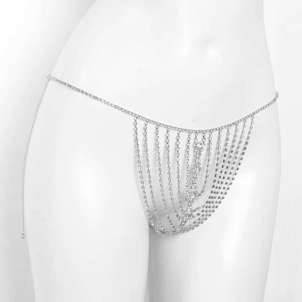 Sexy Mesh Tassel Bikini Style Rhies Bra And Underwear Two Piece Set Nightclub Body Chain