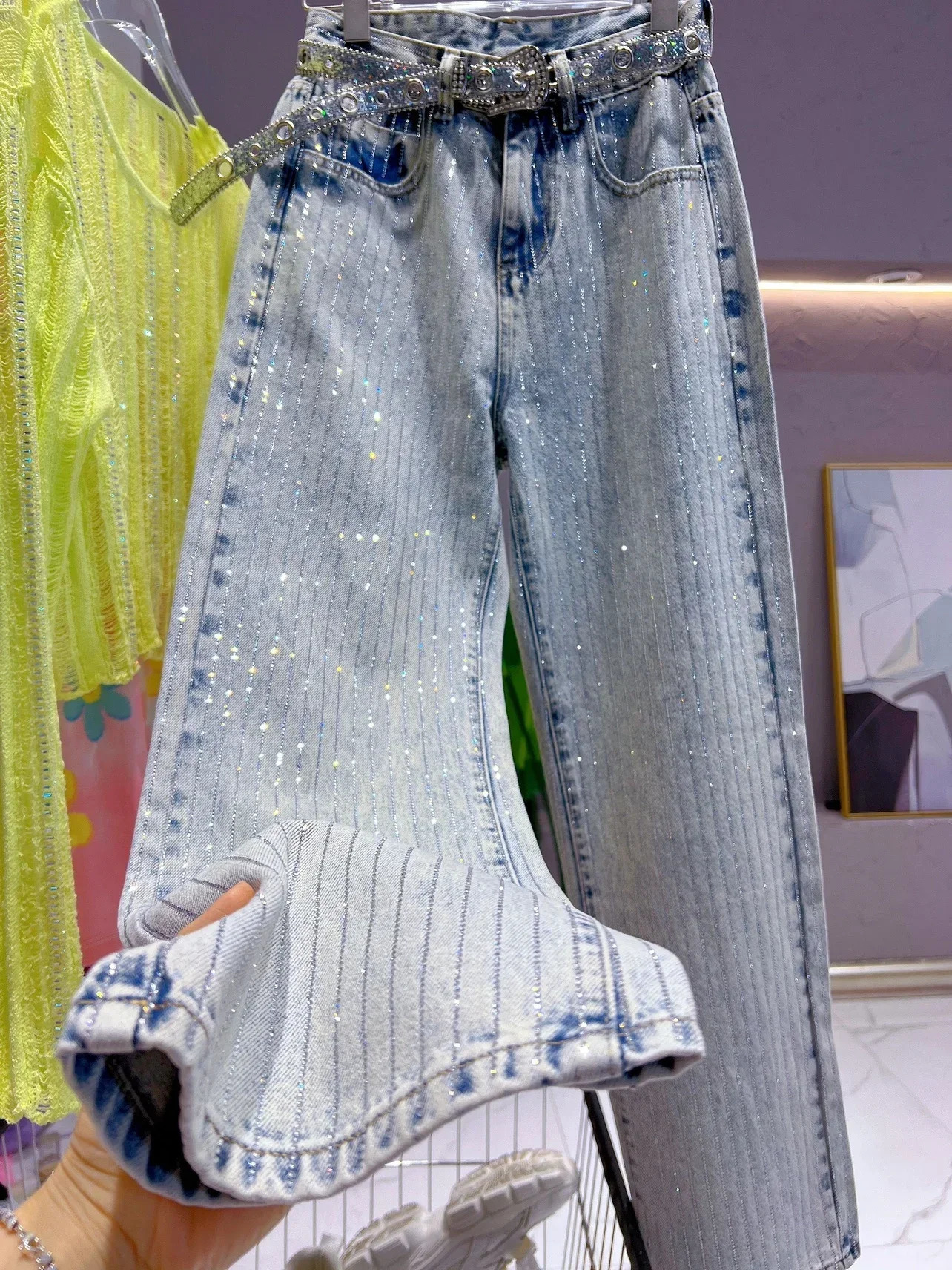 2025 Full Body Vertical Diamond Blue Jeans Women Heavy Industry Shiny Retro Straight Baggy Pants Autumn Long Trousers 250122