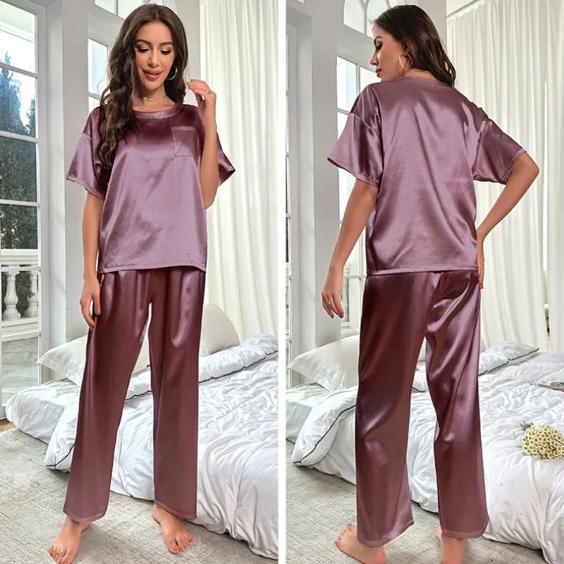 Womens Satin Pajamas Set Autumn Short Sleeve Top Long Pants Sleepwear 2 Piece Set For Women Casual Home Loose Pajamas Set 250207