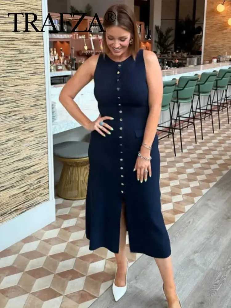 TRZA Women Ele Solid Knitted Dress Single Breasted O Neck Sveless Dresses With Pockets Slim Midi Dress Office Lady TRXJ2500207
