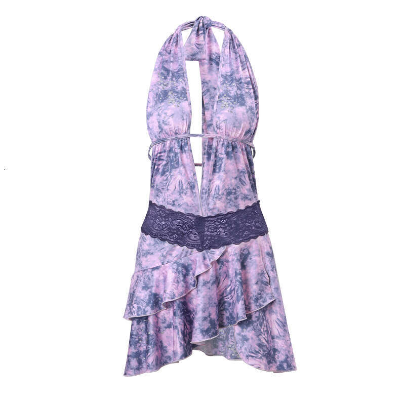 European and American 2025 autumn hot item sexy spicy girl hanging neck deep V hollow lace temperament dress women's new casual fashion trend clo