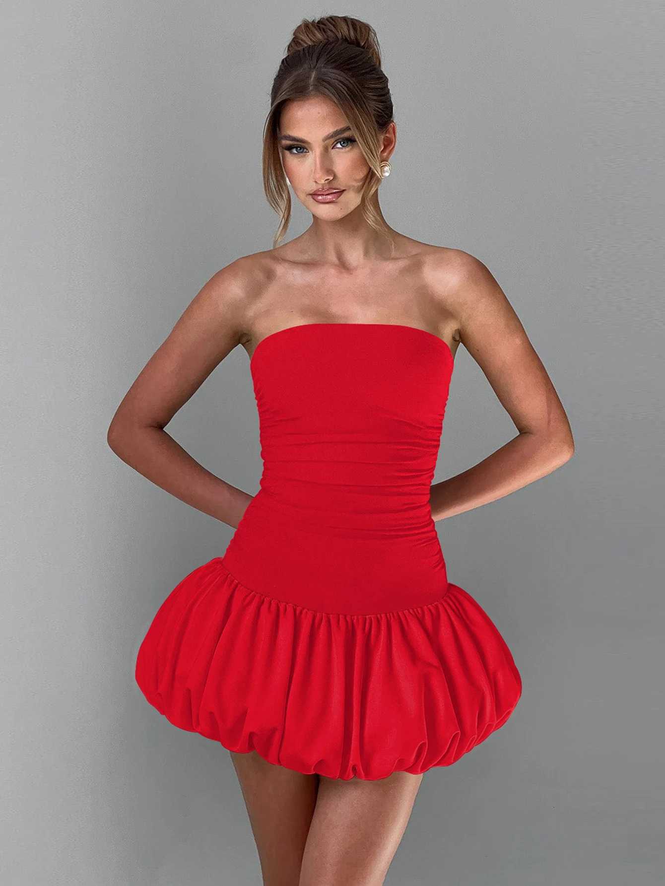 Womens Strapless Sexy Slim Fit Sveless Pleated Patchwork MontageSolid Color Dress Summer Beach Club Party Mini Dress NewXJ2500207