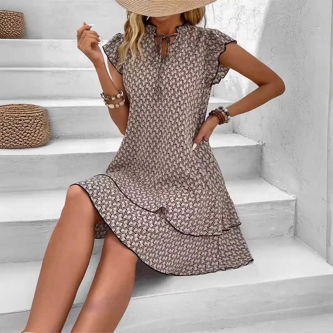 2024 Ele Womens Casual Loose Ruffle Mini Dress Bohemian Printed V-neck Lace-up Small Flying Sve Dresses For WomenXJ2500207