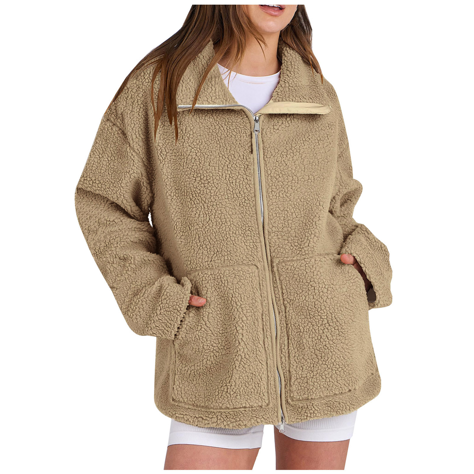 Women's Jackets Women Fuzzy Fleece Jacket Casual Long Sleeve Oversized Sherpa Warm Coats Double Zip Winter Teddy Outwear With Pocket