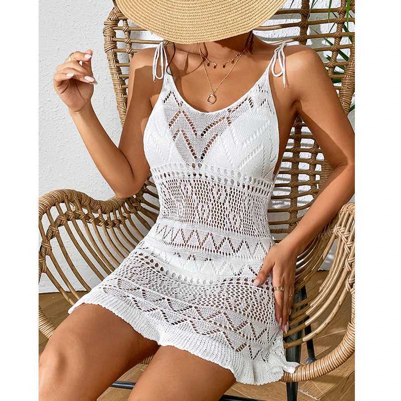Halter Sveless Solid Color Dress Women Summer Vacation Knitted Bikini Cover Up Backless Stylish Beach DressesXJ2500207