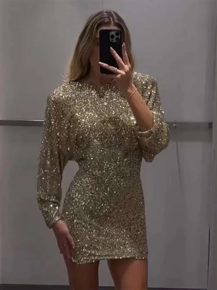TRAF Sequin Mini Dres Evening Dresses for Women Fashion Backless Short Womens Long Sleeve Dress Woman 2025 250206