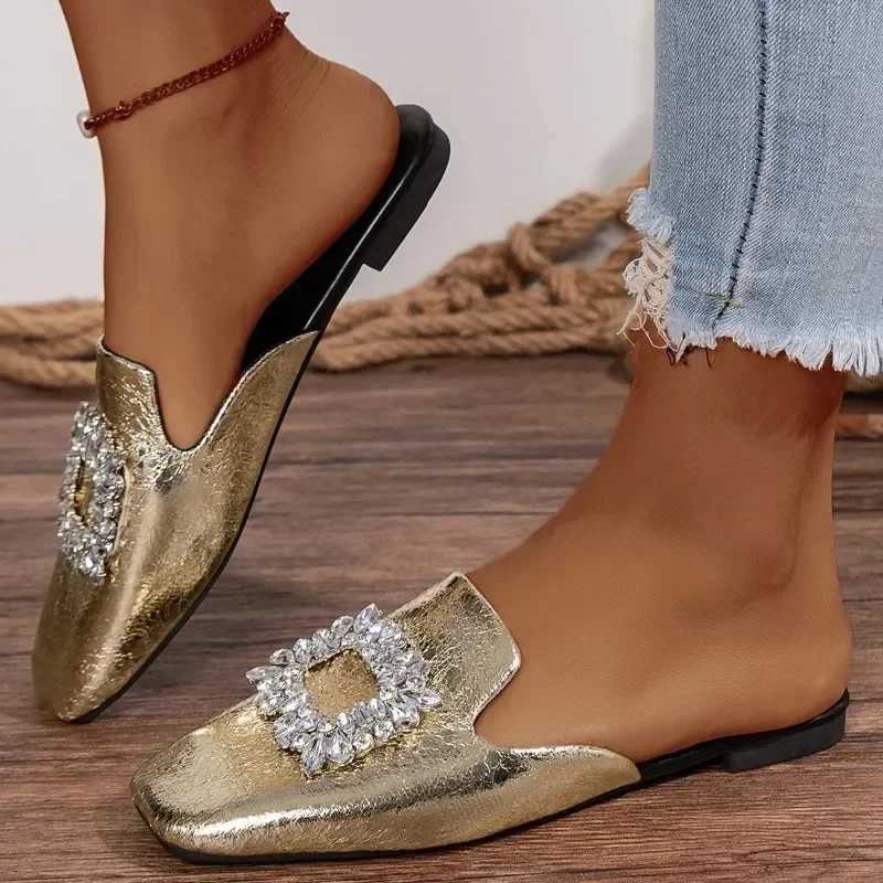 Womens Square Toe Flat Slippers Summer New Rhines Buckle Slip Mules for Women Outdoor Womens Light Casual Slides ShoesXJ250207