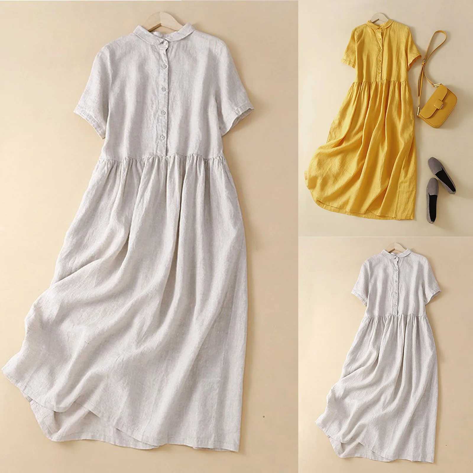 WomenS Summer Dress Casual Artistic Style Cotton Linen Maxi Dresses Solid Color Button Patchwork Loose Fit Vestidos EleXJ2500207