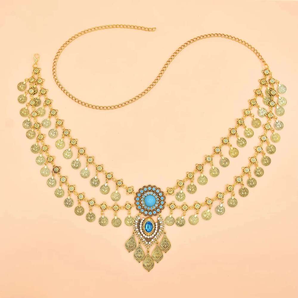New Bohemian Coin Tassels Faux Turquoise Waist Chain for Women Retro Ethnic Style Alloy Dance Waistband Jewelry