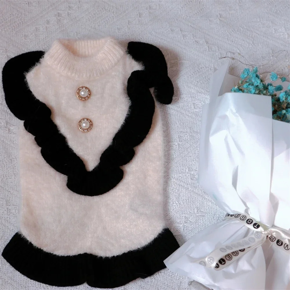 Autumn Winter Pet Sweater Princess Style Small Flying Sleeve Skirt Hem Pearl White Fur Cute Pet Sweater Knitted Kitten Puppy 250206
