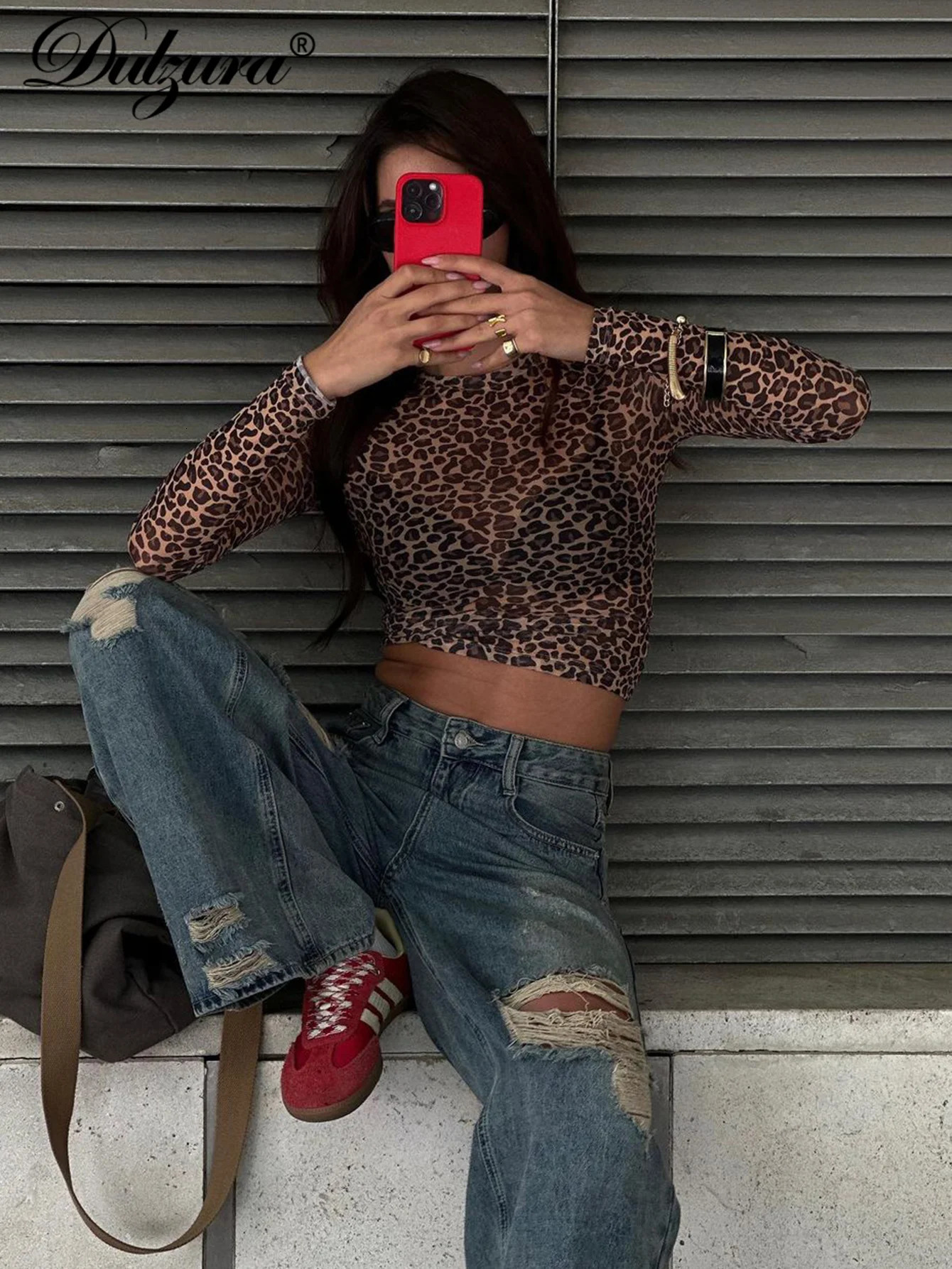 Dulzura Sexy Long Sleeves Tops Mesh T Shirt Leopard Printed Bodycon Women Clothes Lady Party Club Streetwear Casual Nightout Y2K 250207