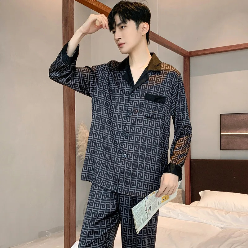 Pajamas Men Spring Summer Thin Ice Silk ious Loose Fitting Home Wear Suit Male Satin Pyjamas Set Night Sleep-Suit Gentlemen 250206
